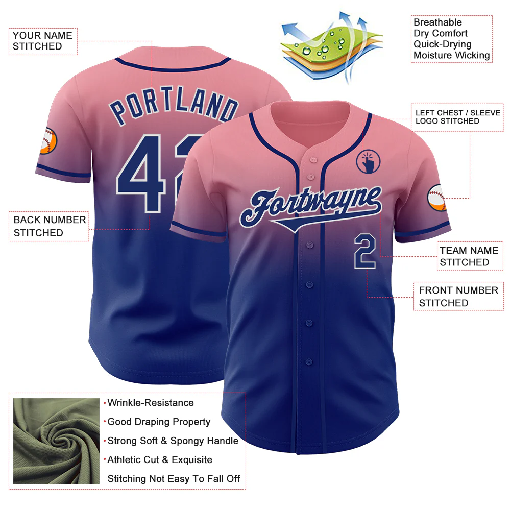 Custom Medium Pink Royal-White Authentic Fade Fashion Baseball Jersey - Image 3