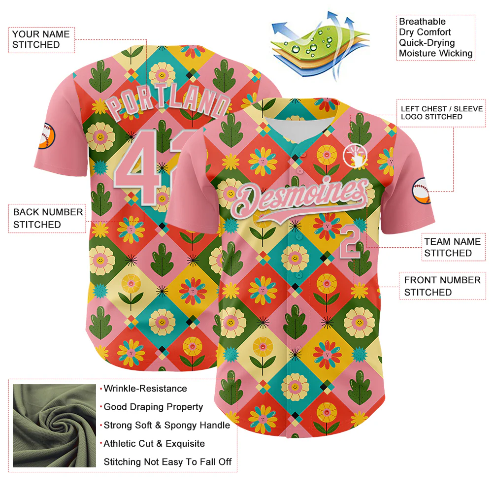 Custom Medium Pink White 3D Ambartive Checkered Flower Pattern Authentic Baseball Jersey - Image 3