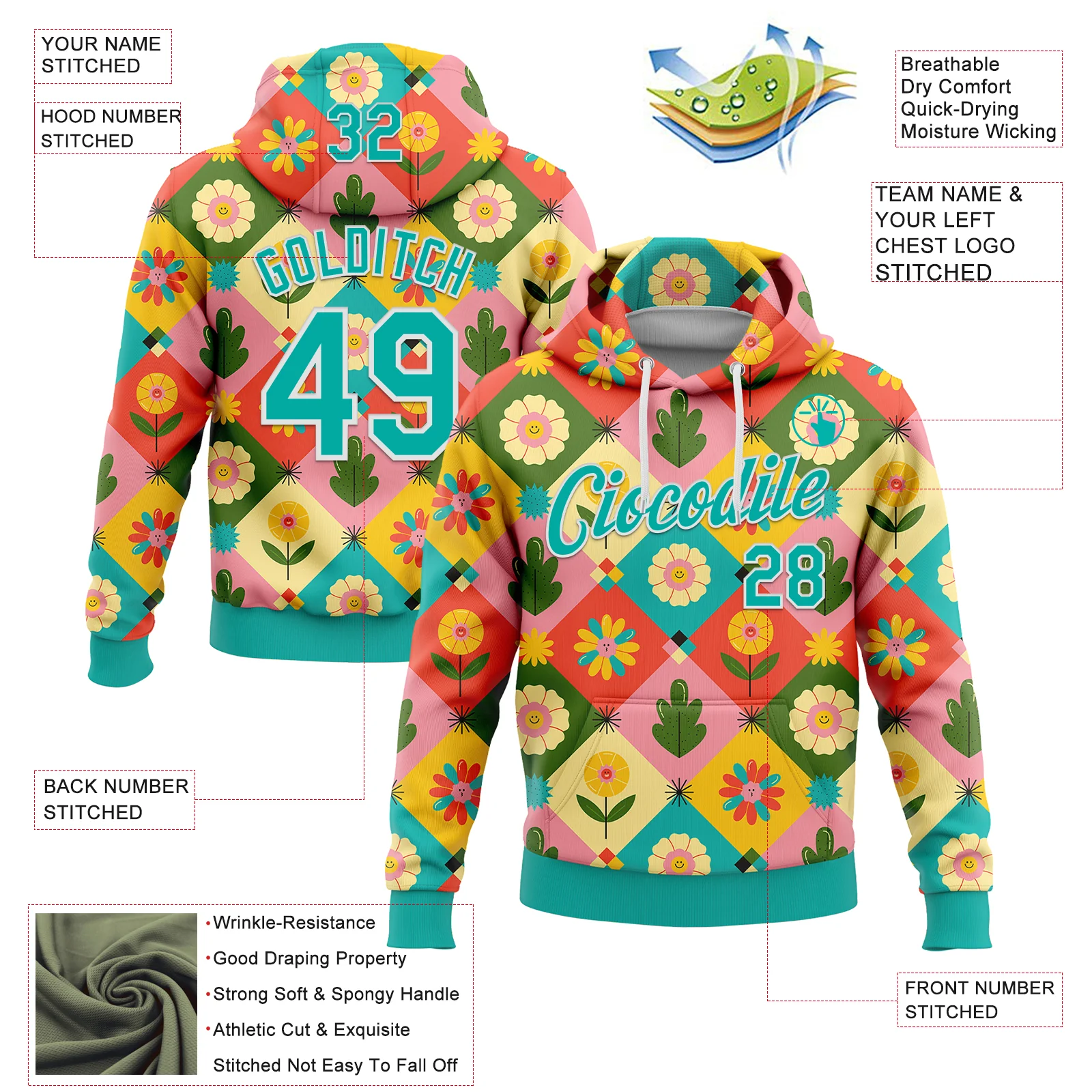 Custom Stitched Medium Pink Aqua-White 3D Ambartive Checkered Flower Pattern Sports Pullover Sweatshirt Hoodie - Image 2