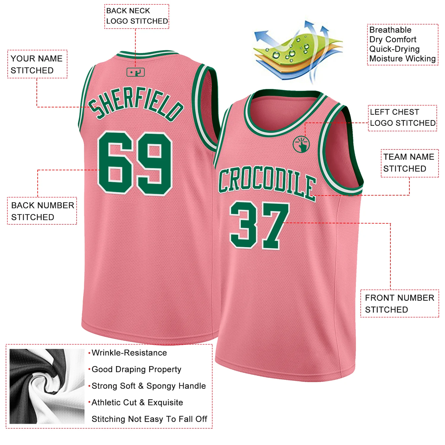 Custom Medium Pink Kelly Green-White Authentic Basketball Jersey - Image 2