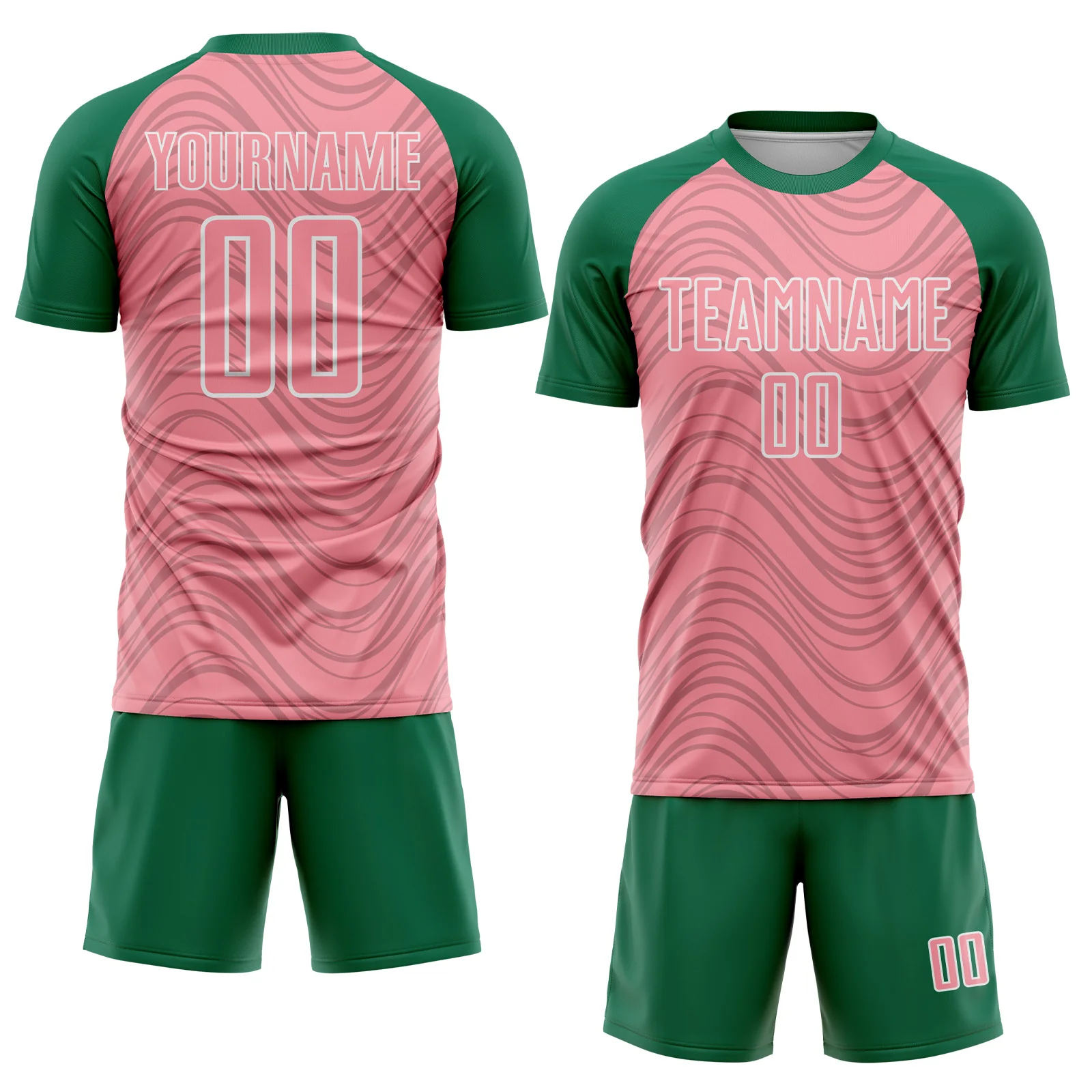 Custom Medium Pink Kelly Green-White Wavy Lines Sports Sublimation Soccer Uniform Jersey - Image 2