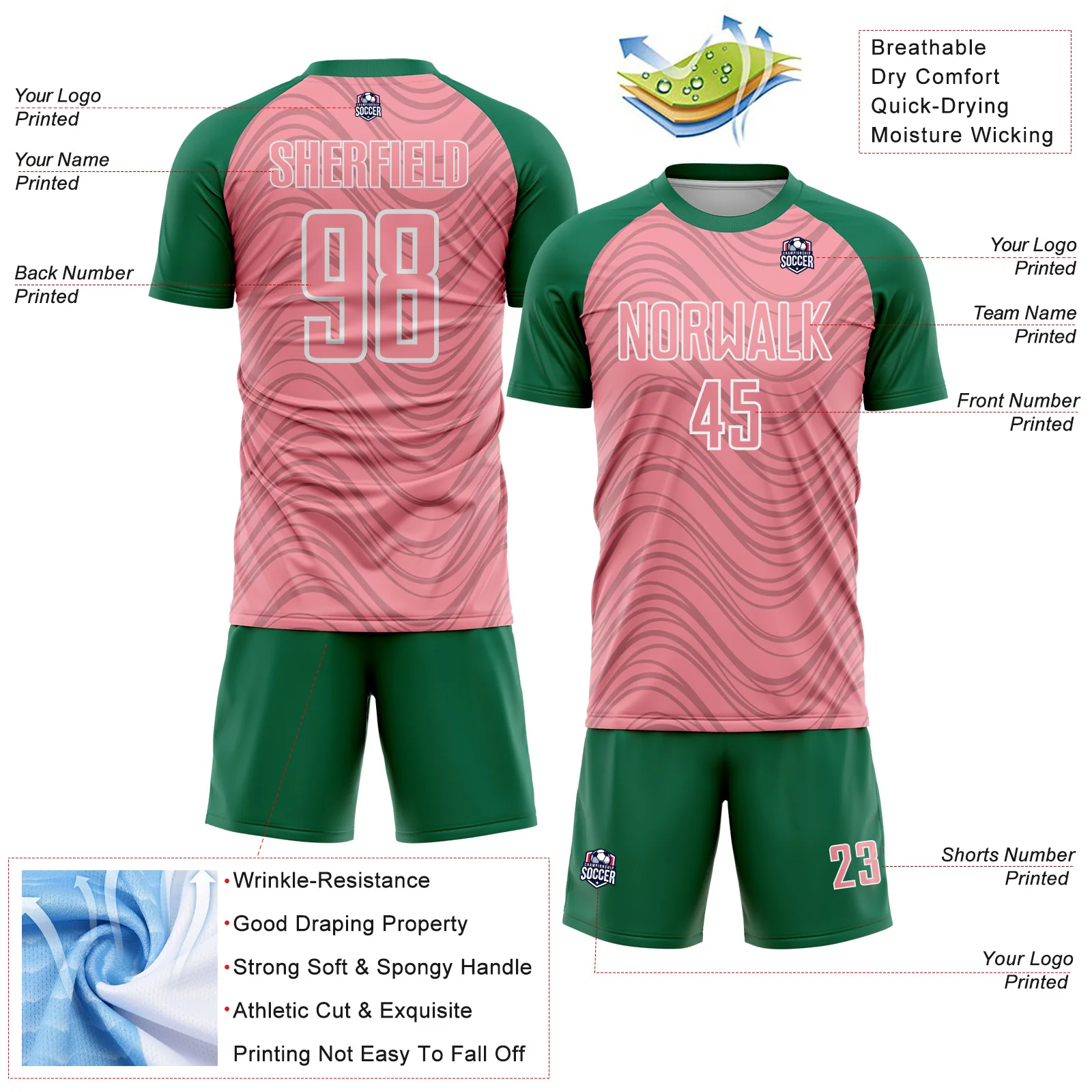 Custom Medium Pink Kelly Green-White Wavy Lines Sports Sublimation Soccer Uniform Jersey - Image 4