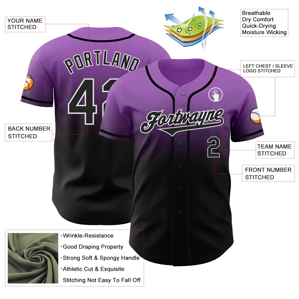 Custom Medium Purple Black-White Authentic Fade Fashion Baseball Jersey - Image 3