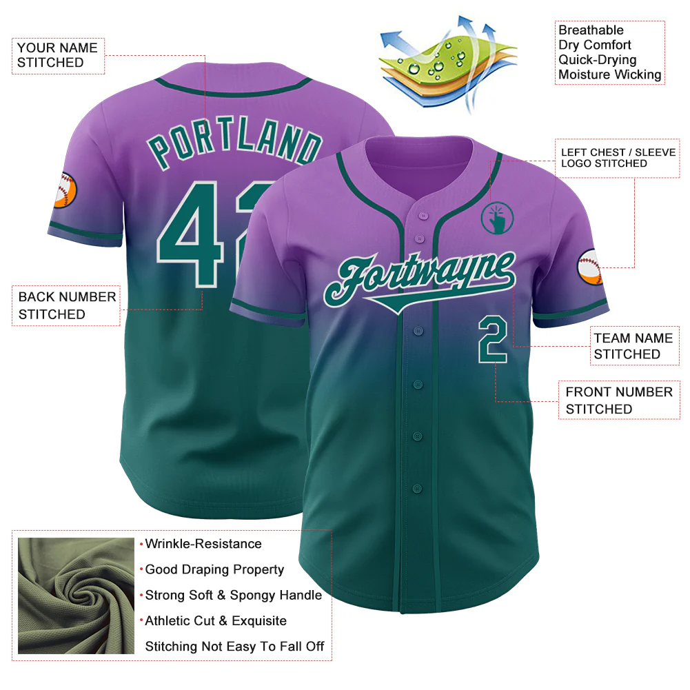 Custom Medium Purple Teal-White Authentic Fade Fashion Baseball Jersey - Image 3