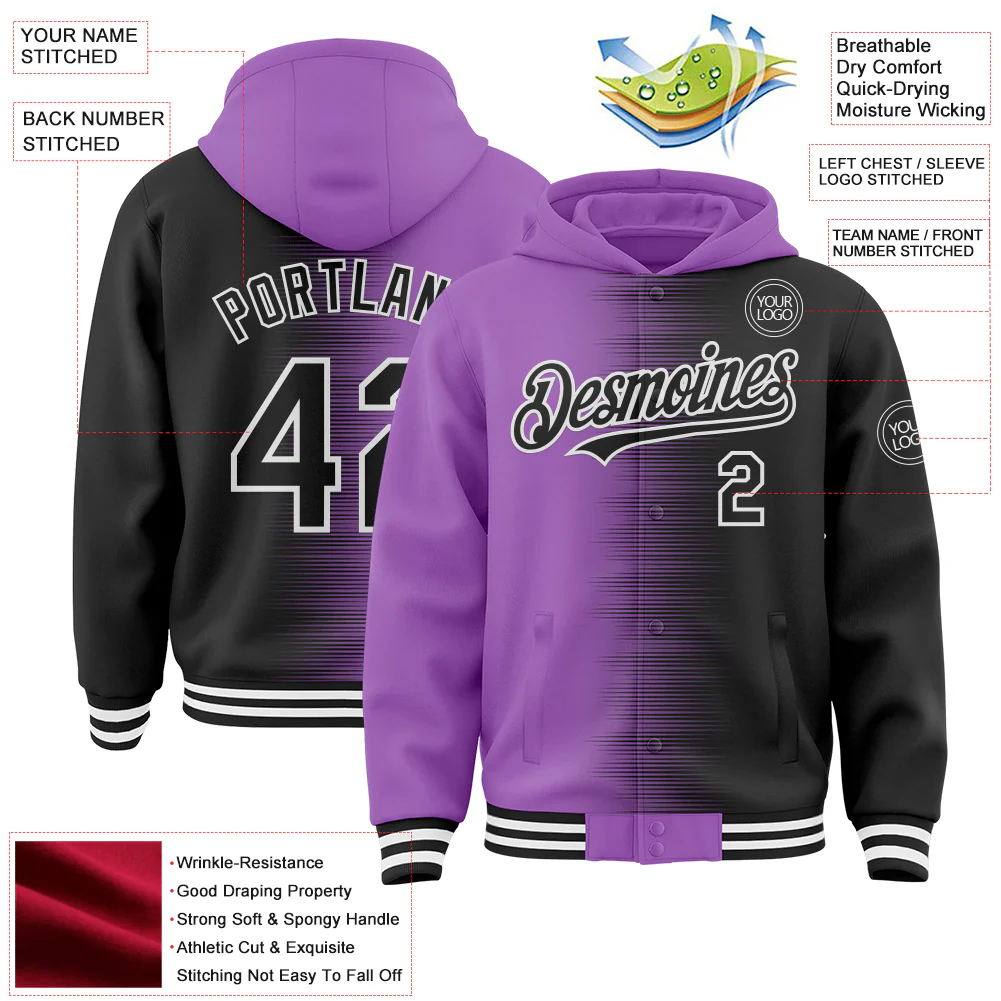 Custom Medium Purple Black-White Gradient Line Bomber Full-Snap Varsity Letterman Hoodie Jacket - Image 4