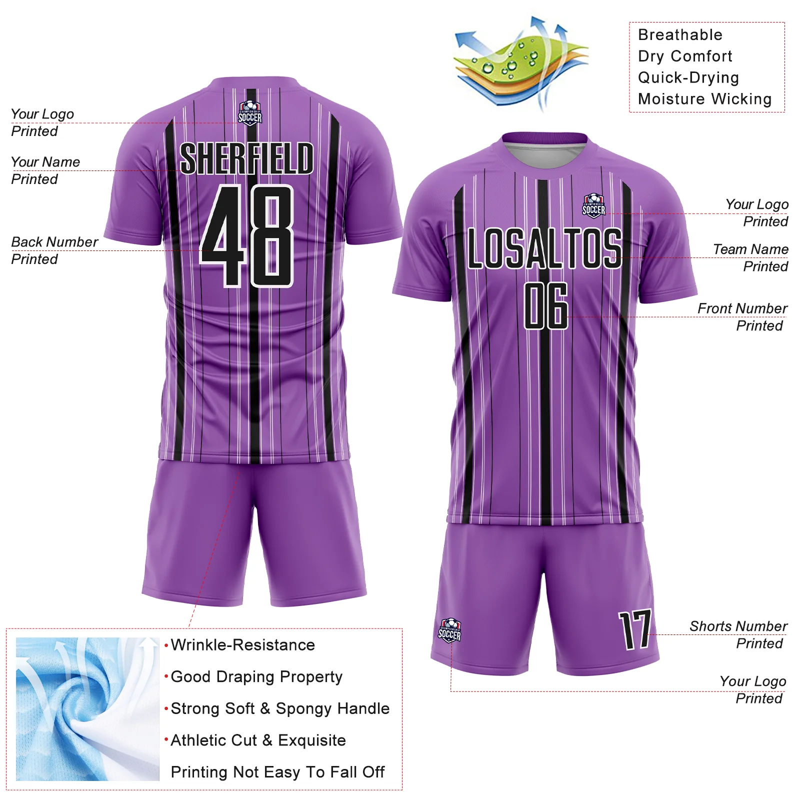 Custom Medium Purple Black-White Stripe Sublimation Soccer Uniform Jersey - Image 4