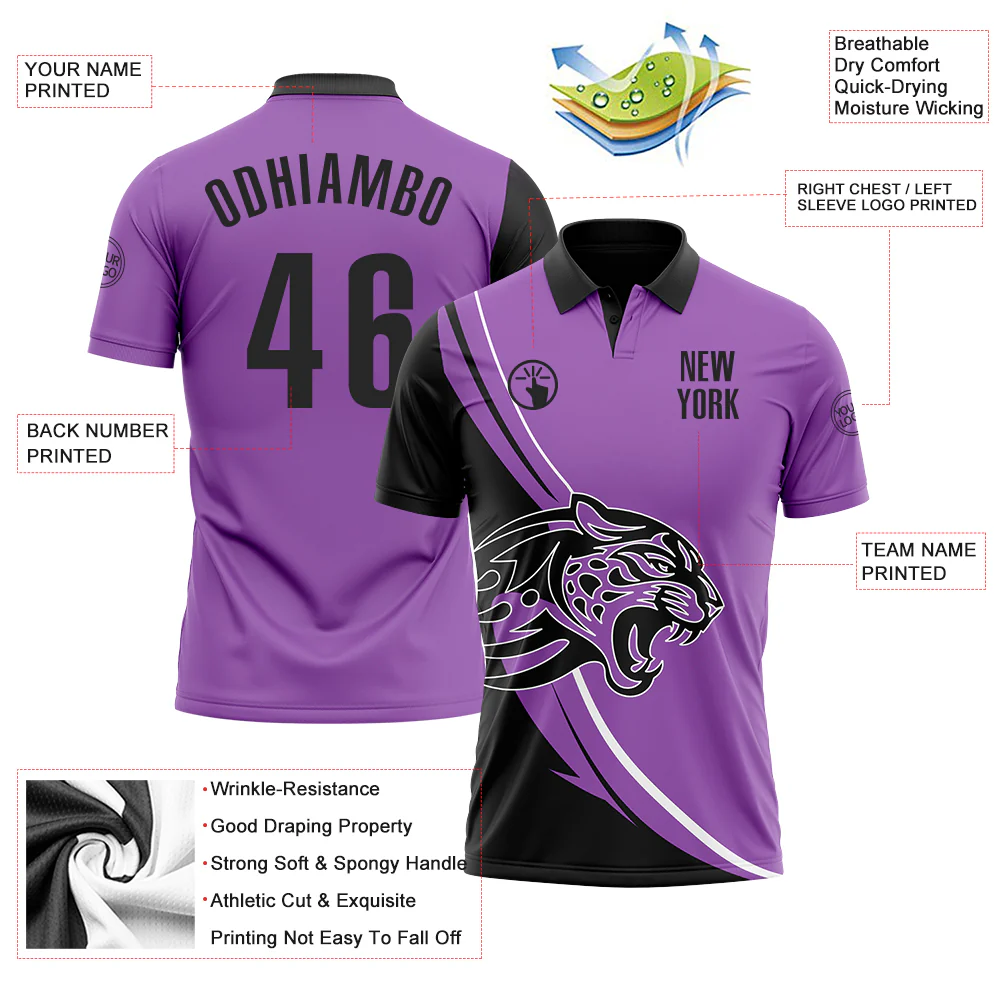 Custom Medium Purple Black-White 3D Pattern Design Animal Leopard Performance Polo Shirt - Image 3