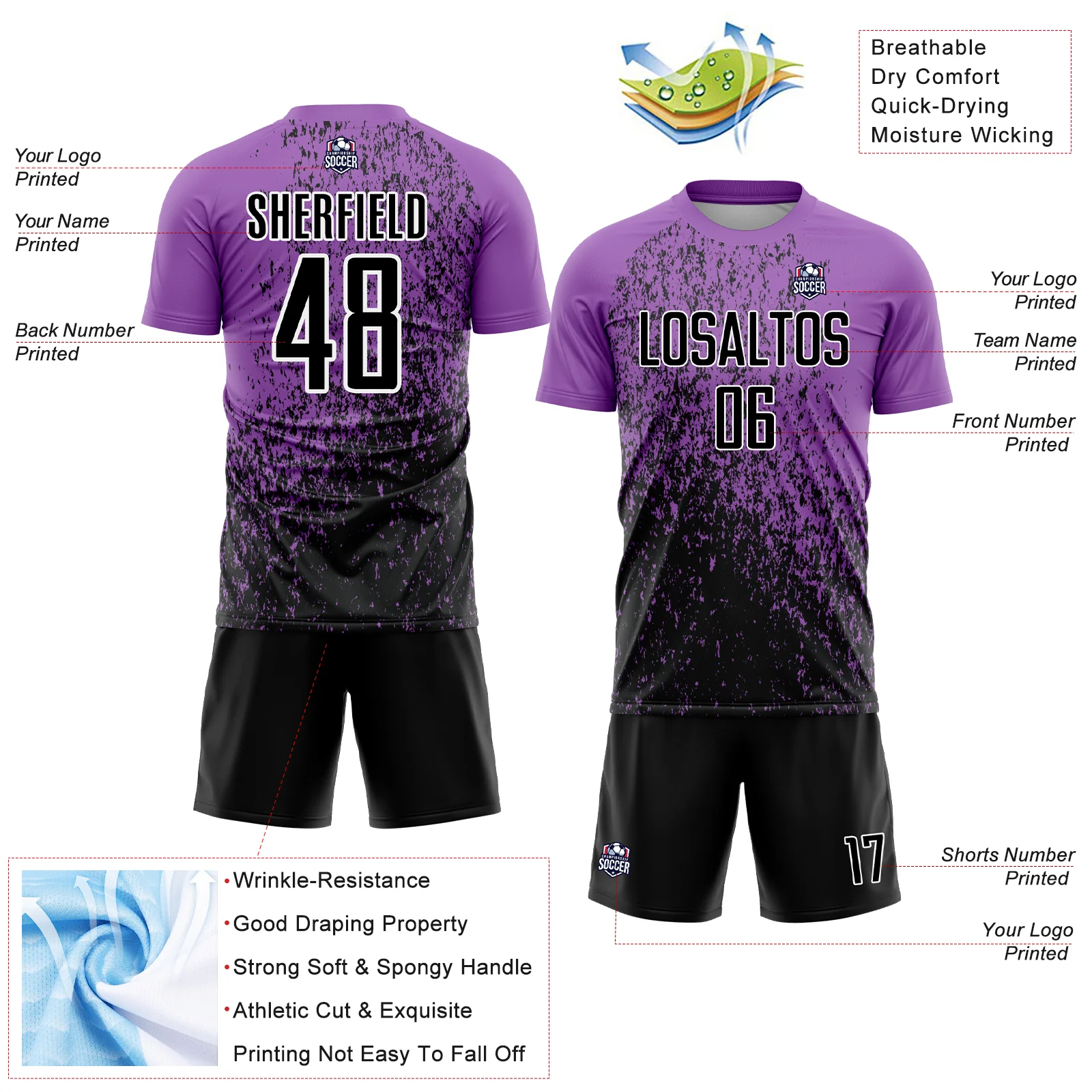 Custom Medium Purple Black-White Abstract Fragment Art Sublimation Soccer Uniform Jersey - Image 4