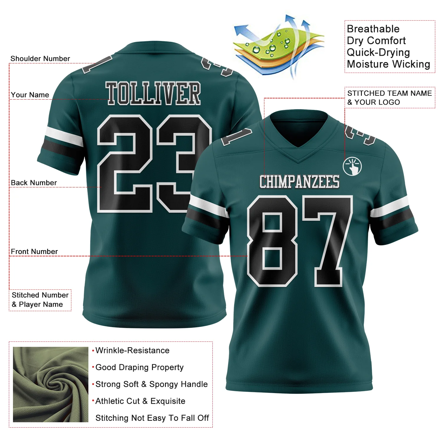 Custom Midnight Green Black-White Authentic Football Jersey - Image 3