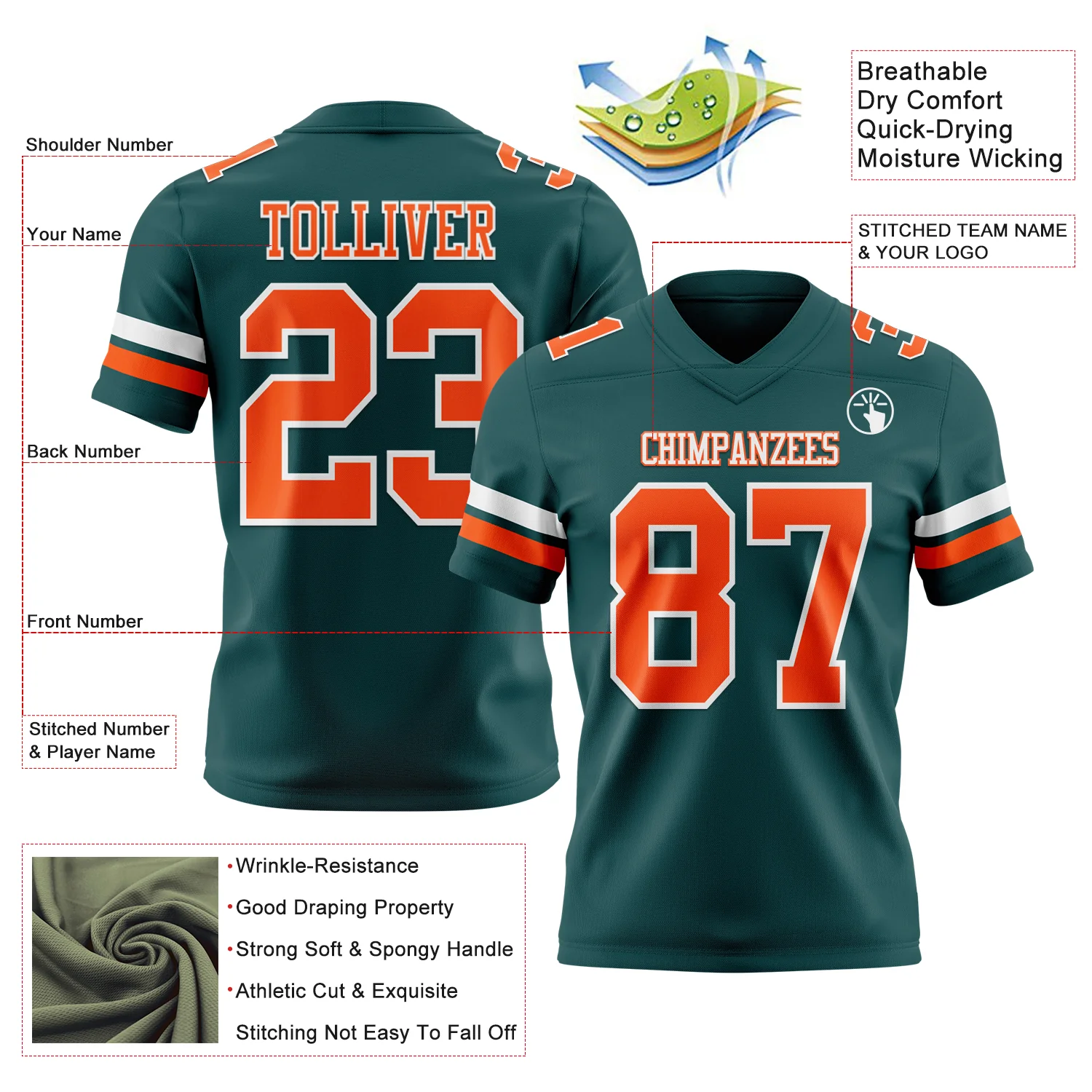 Custom Midnight Green Orange-White Authentic Football Jersey - Image 3