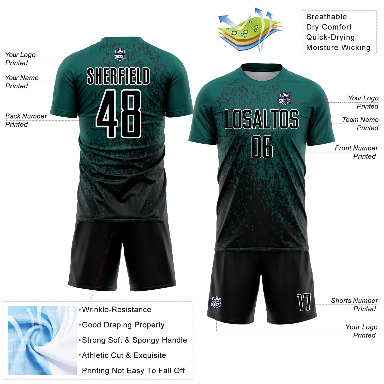 Custom Midnight Green Black-White Abstract Fragment Art Sublimation Soccer Uniform Jersey - Image 4