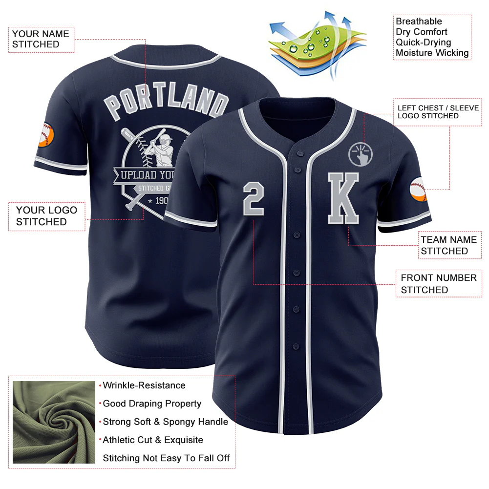 Custom Navy Gray-White Authentic Baseball Jersey - Image 6