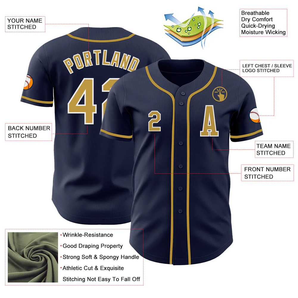 Custom Navy Old Gold-White Authentic Baseball Jersey - Image 2