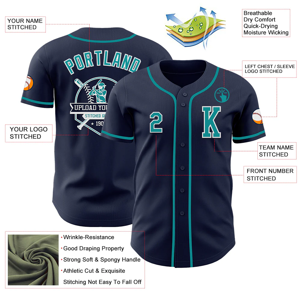 Custom Navy Teal-White Authentic Baseball Jersey - Image 6