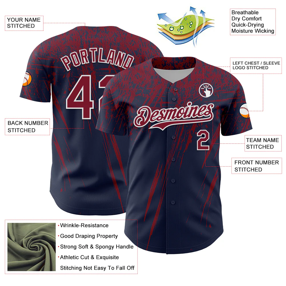 Custom Navy Crimson-White Distressed Scratch Brush Stroke Authentic Baseball Jersey - Image 3