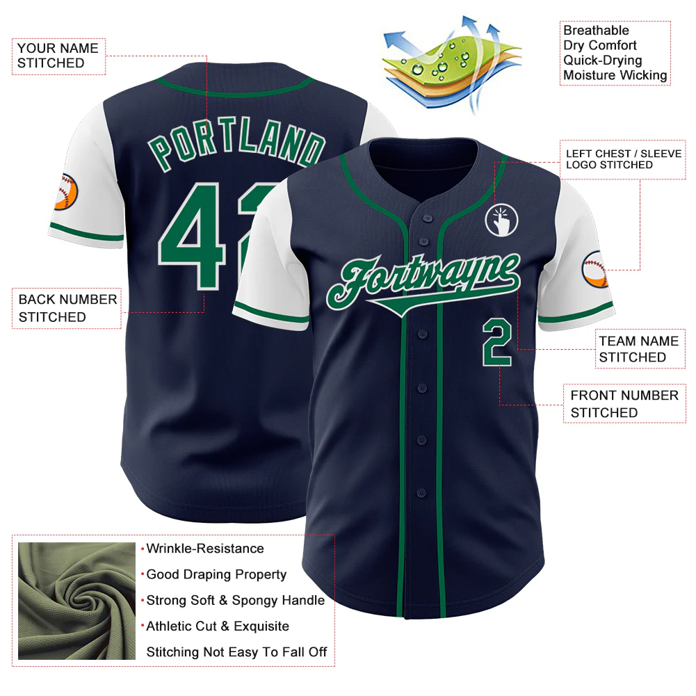 Custom Navy Kelly Green-White Authentic Two Tone Baseball Jersey - Image 3