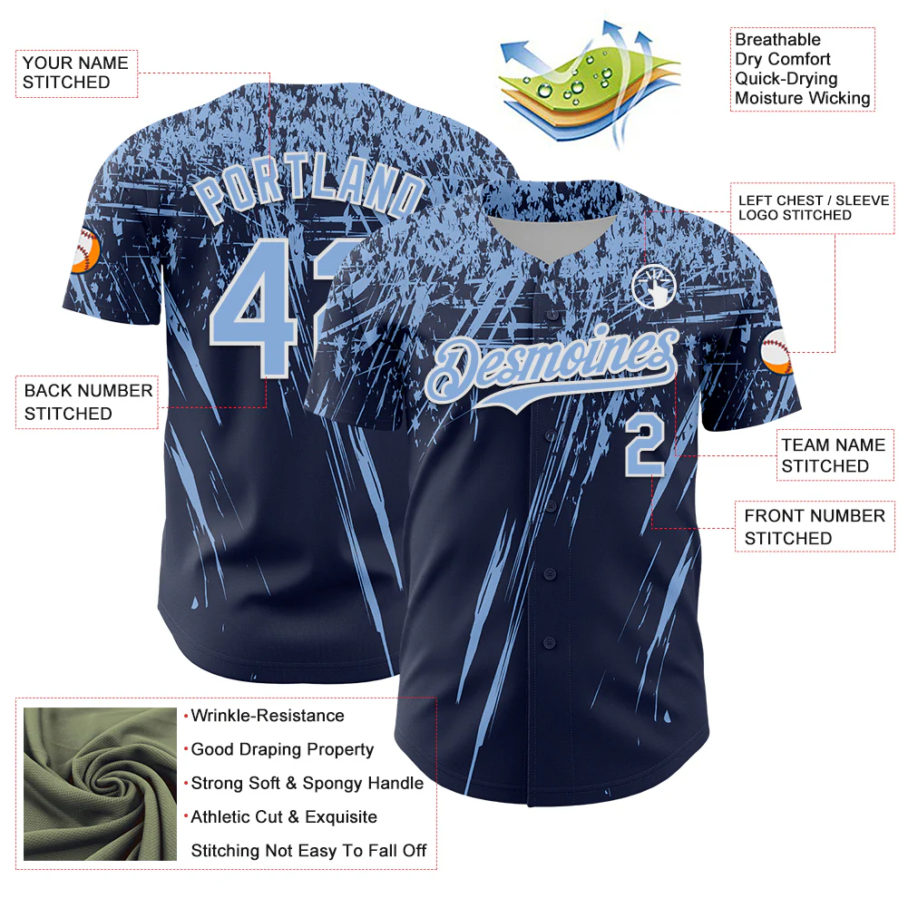 Custom Navy Light Blue-White Distressed Scratch Brush Stroke Authentic Baseball Jersey - Image 3