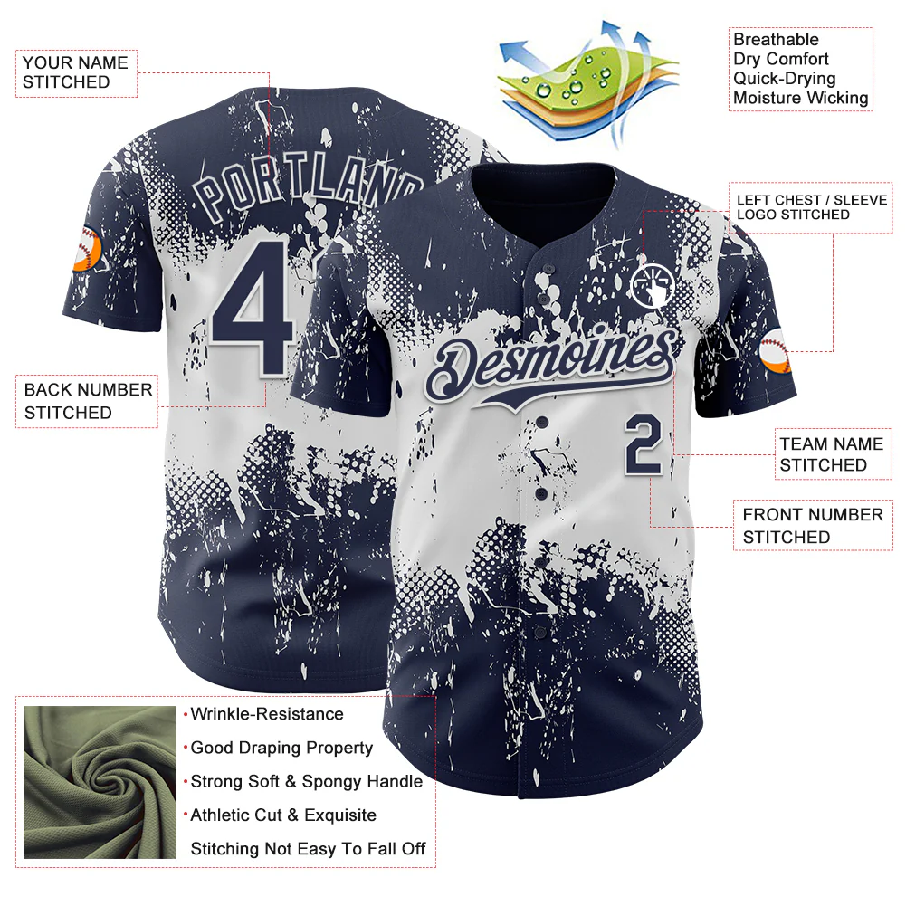 Custom Navy White Abstract Splatter Grunge Paint Authentic Baseball Jersey - Image 3