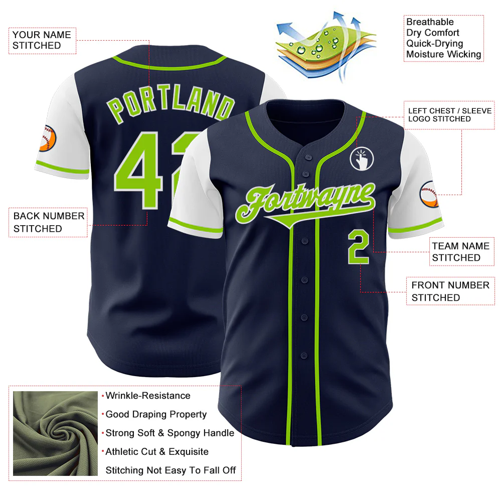 Custom Navy Neon Green-White Authentic Two Tone Baseball Jersey - Image 3
