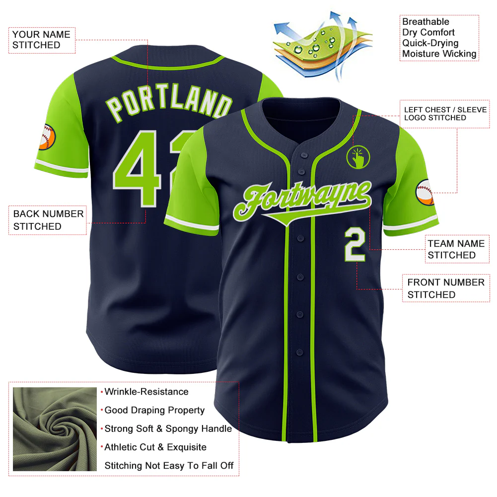 Custom Navy Neon Green-White Authentic Two Tone Baseball Jersey - Image 3