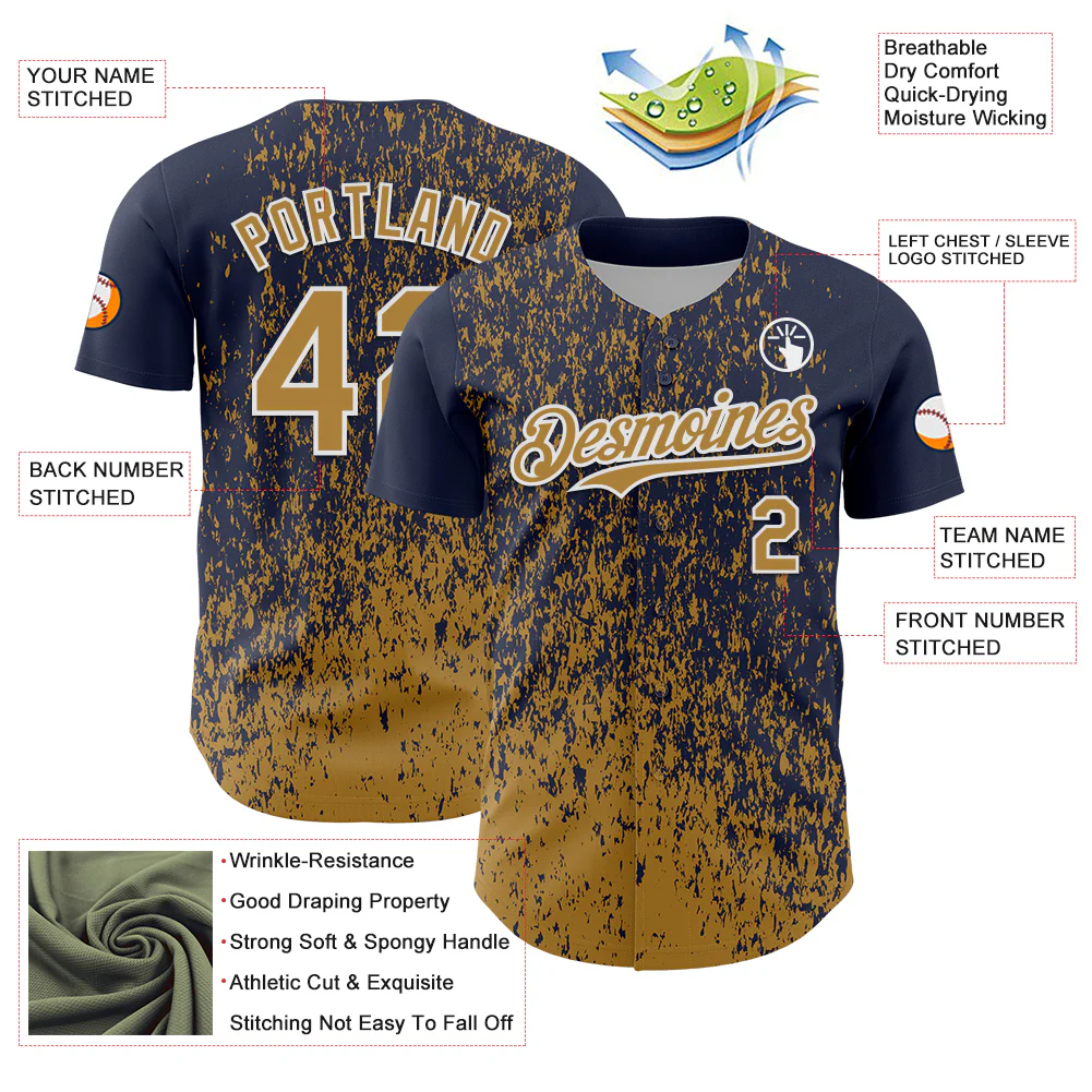 Custom Navy Old Gold-White Abstract Fragment Splatter Authentic Baseball Jersey - Image 3