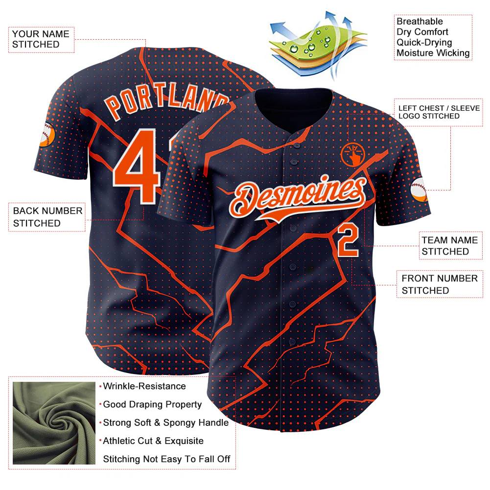 Custom Navy Orange-White Lightning Polka Dot Authentic Baseball Jersey - Image 3