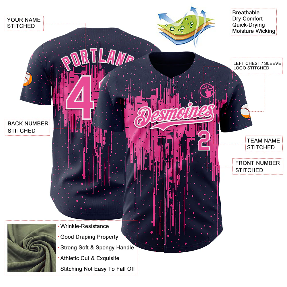 Custom Navy Pink-White Dripping Splatter Paint Authentic Baseball Jersey - Image 3