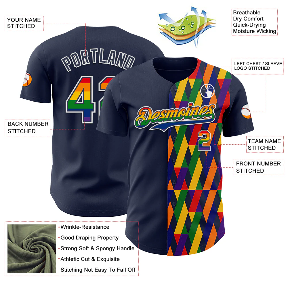 Custom Navy Rainbow-White Valentine's Day Pride Month Love Is Love Authentic Baseball Jersey - Image 3