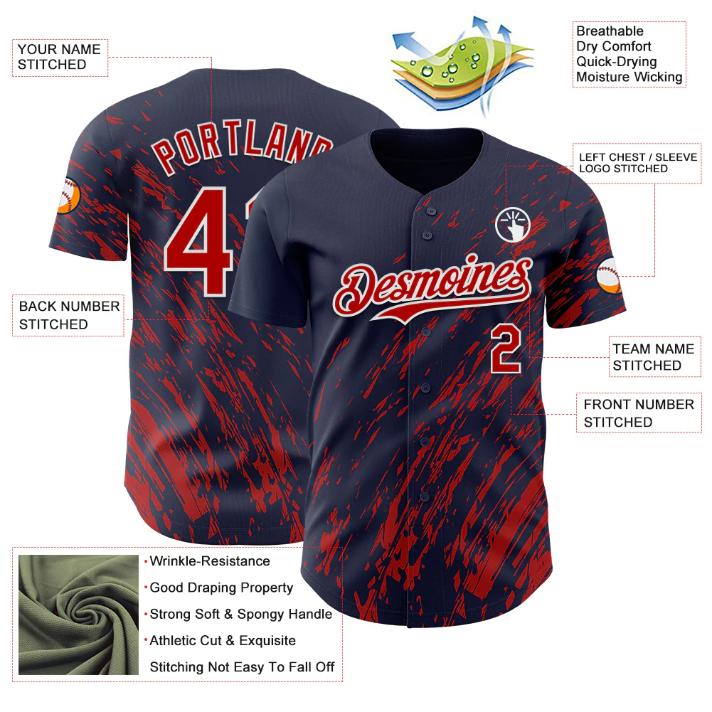 Custom Navy Red-White Paint Stroke Grunge Streak Authentic Baseball Jersey - Image 3