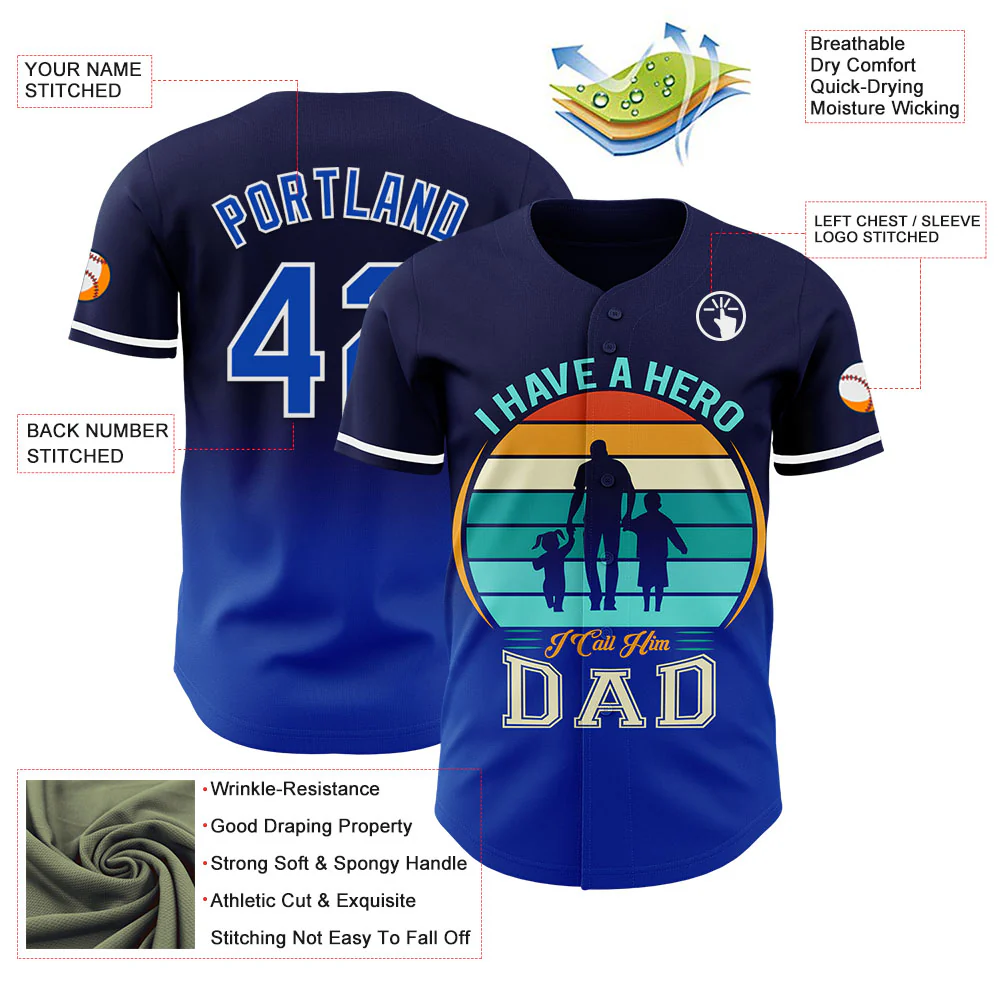 Custom Navy Thunder Blue-White 3D Pattern Design Father's Day Family Love Fade Authentic Baseball Jersey - Image 3