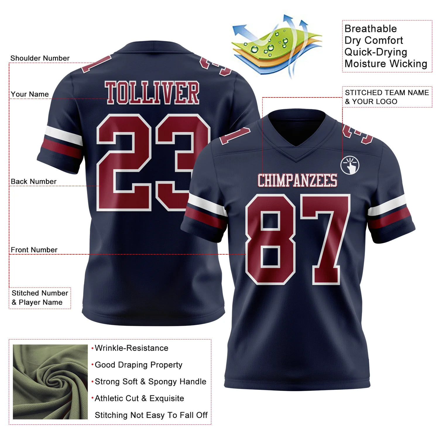 Custom Navy Crimson-White Authentic Football Jersey - Image 3