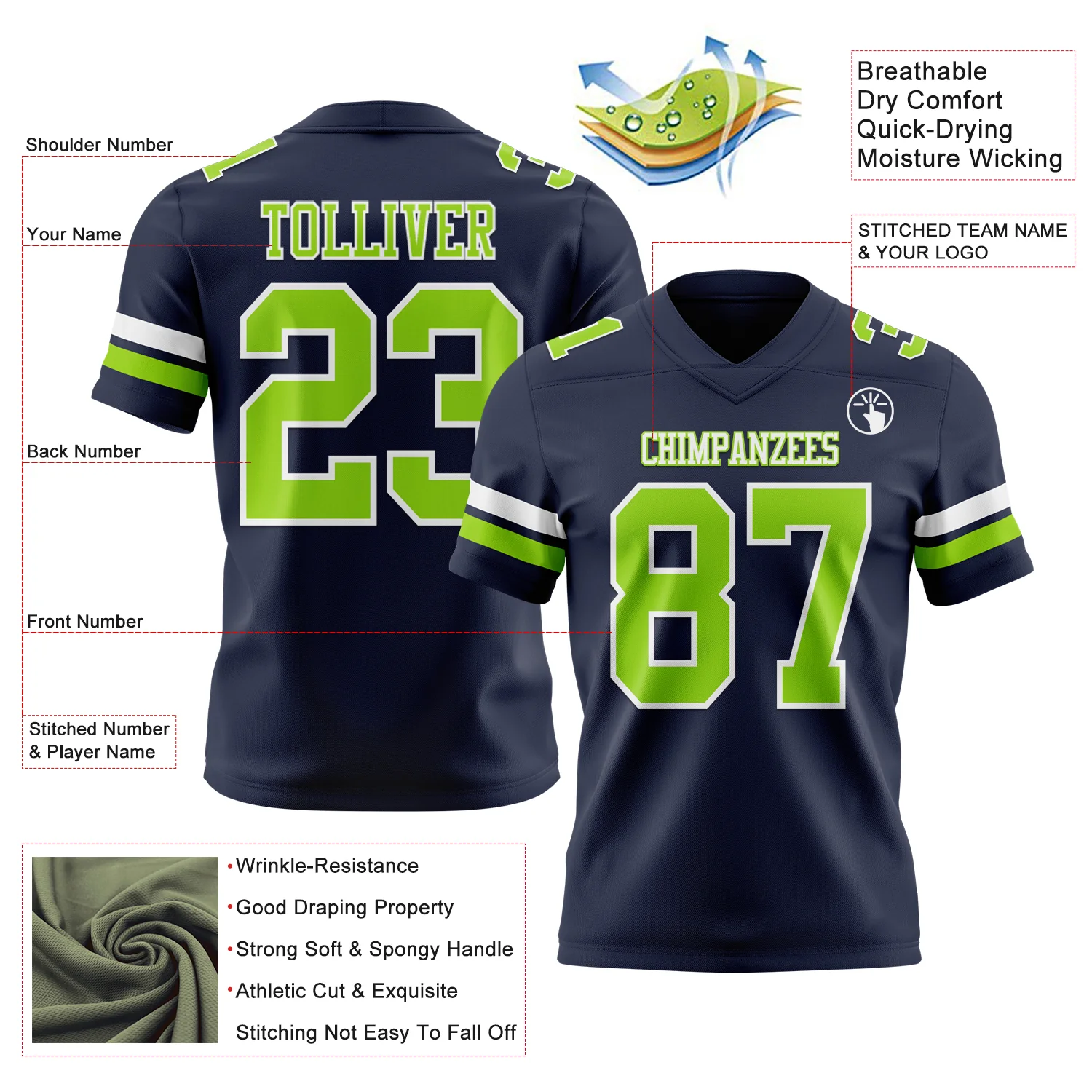 Custom Navy Neon Green-White Authentic Football Jersey - Image 3
