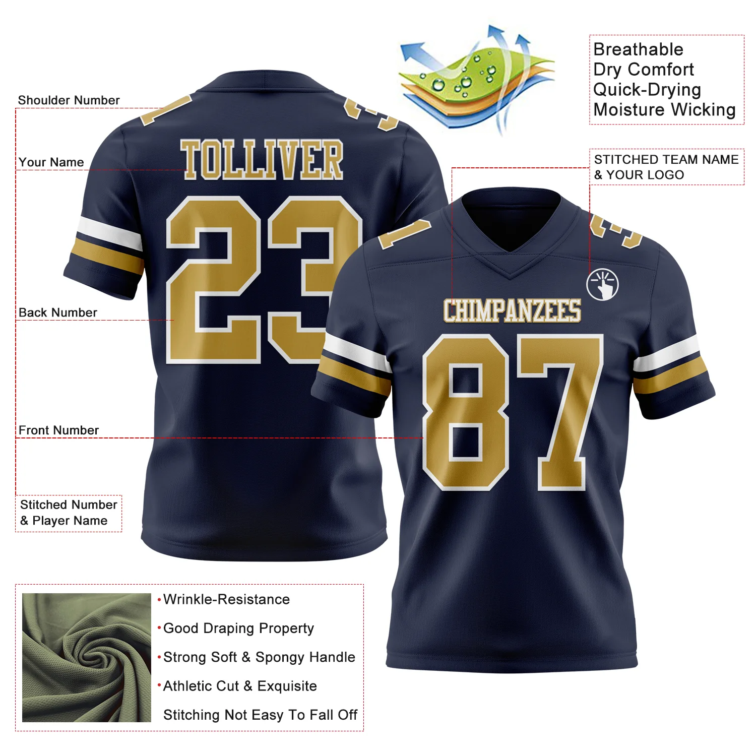 Custom Navy Old Gold-White Authentic Football Jersey - Image 3
