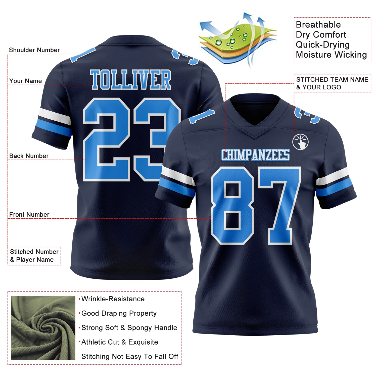 Custom Navy Powder Blue-White Authentic Football Jersey - Image 3