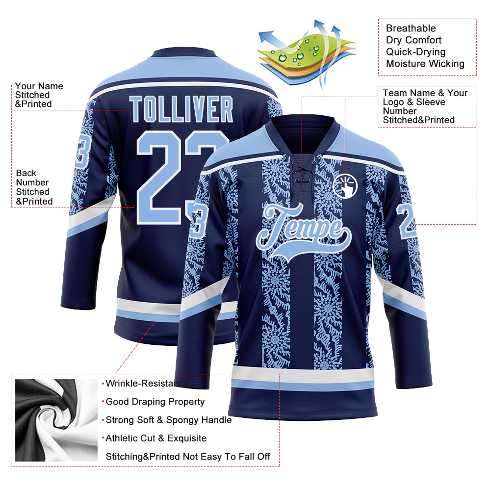 Custom Navy Light Blue-White 3D Pattern Abstract Shape Hockey Lace Neck Jersey - Image 3