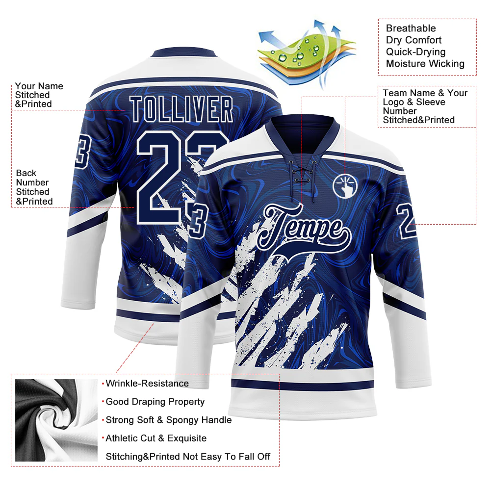 Custom Navy White 3D Splash Art Hockey Lace Neck Jersey - Image 5