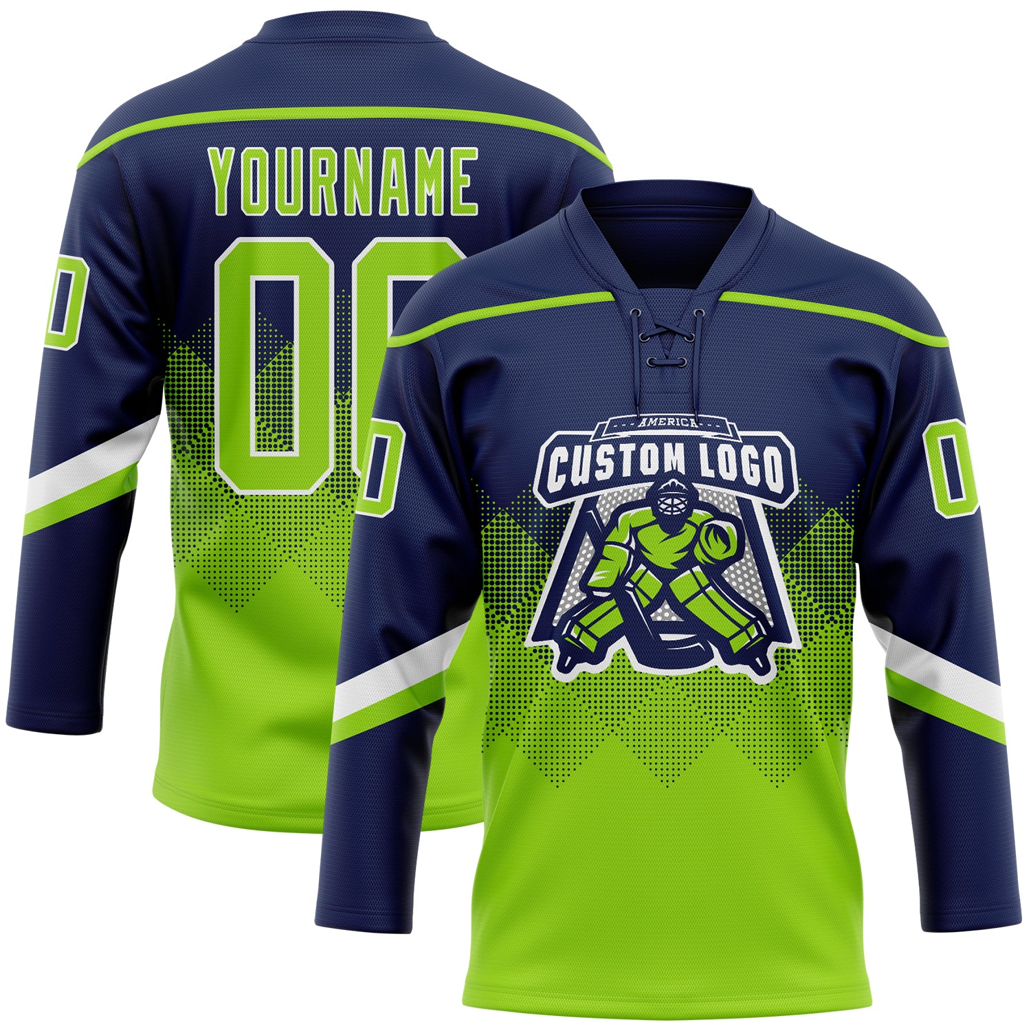 Custom Navy Neon Green-White 3D Pattern Gradient Square Shapes Hockey Lace Neck Jersey - Image 2