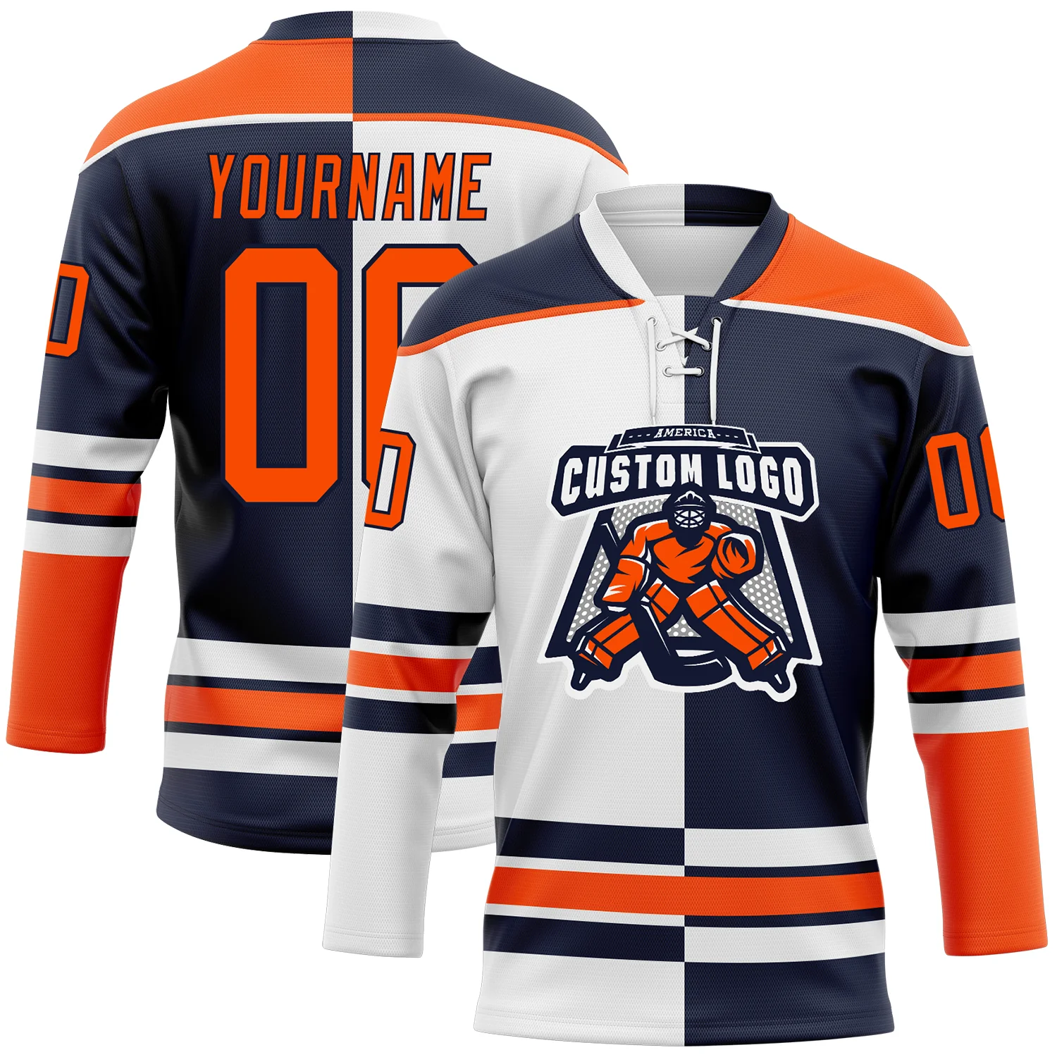 Custom Navy Orange-White Split Fashion Hockey Lace Neck Jersey - Image 2
