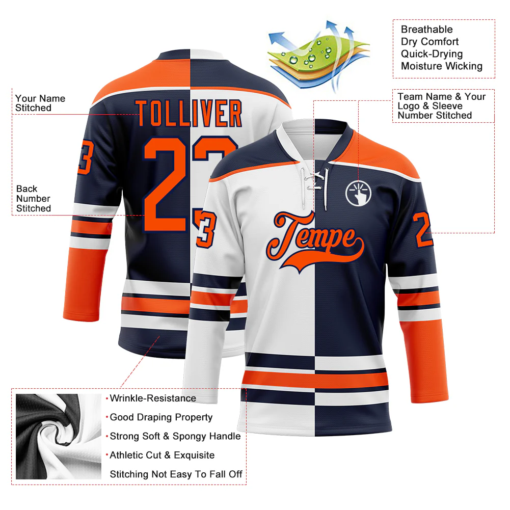 Custom Navy Orange-White Split Fashion Hockey Lace Neck Jersey - Image 3