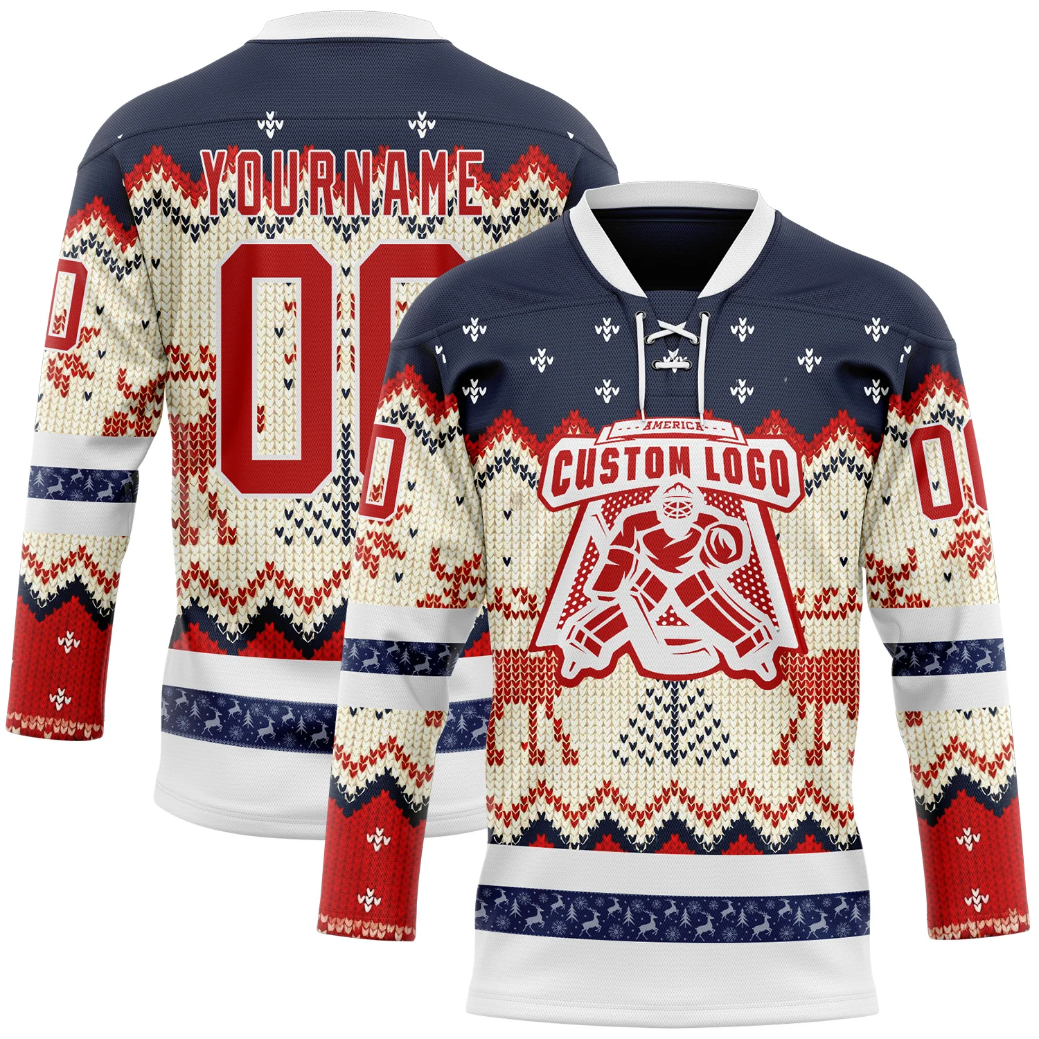 Custom Navy Red-White 3D Christmas Ugly Sweater Hockey Lace Neck Jersey - Image 2