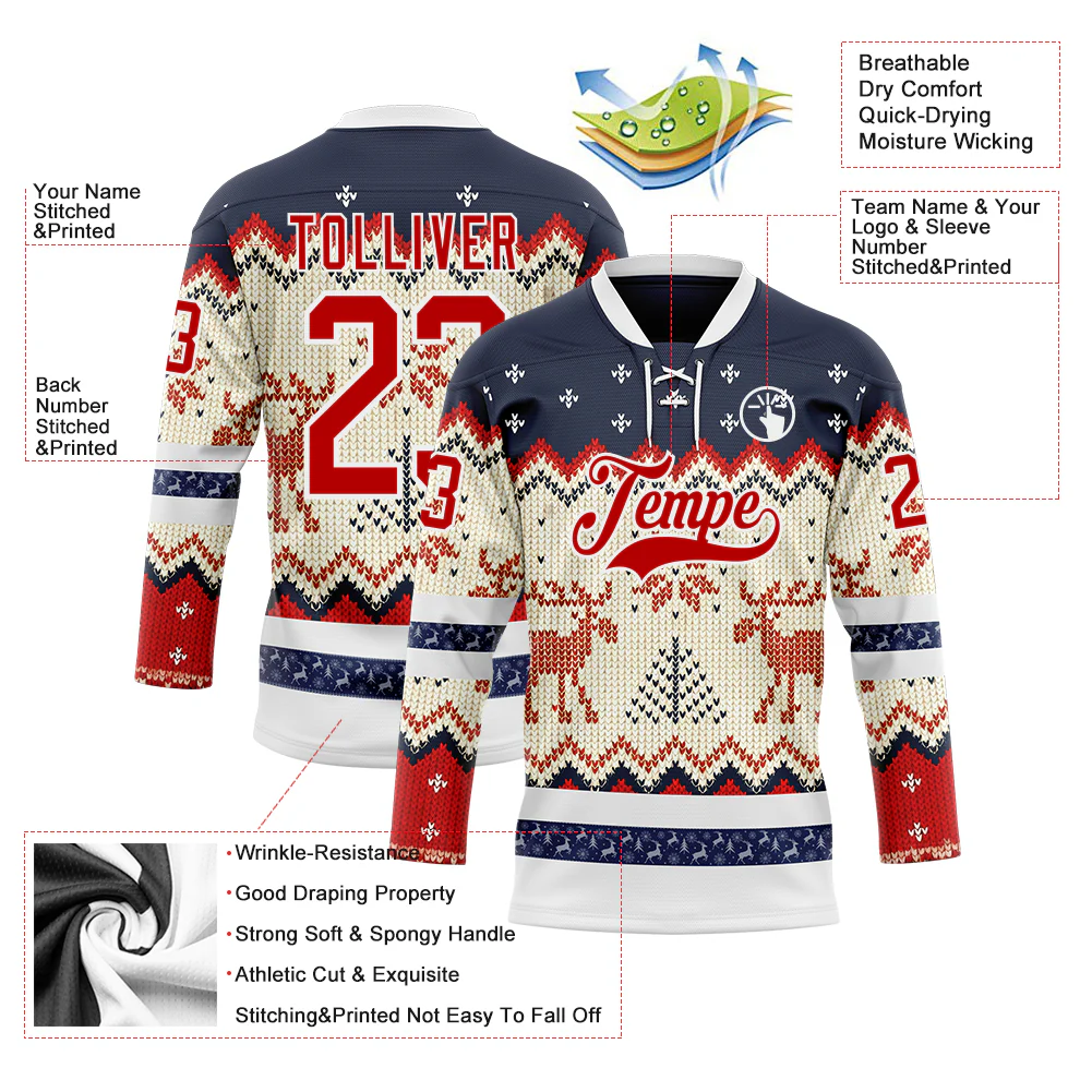 Custom Navy Red-White 3D Christmas Ugly Sweater Hockey Lace Neck Jersey - Image 3