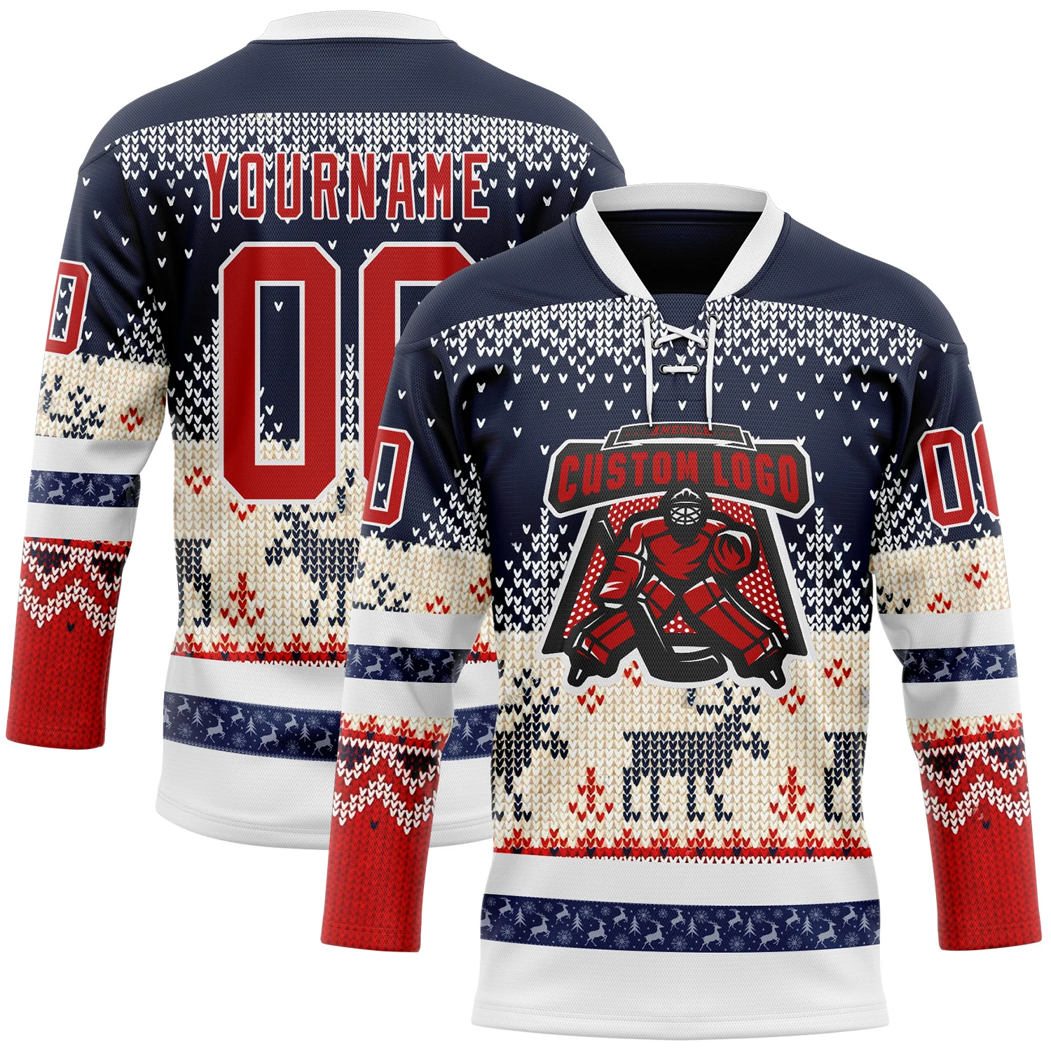 Custom Navy Red-White 3D Christmas Ugly Sweater Hockey Lace Neck Jersey - Image 2