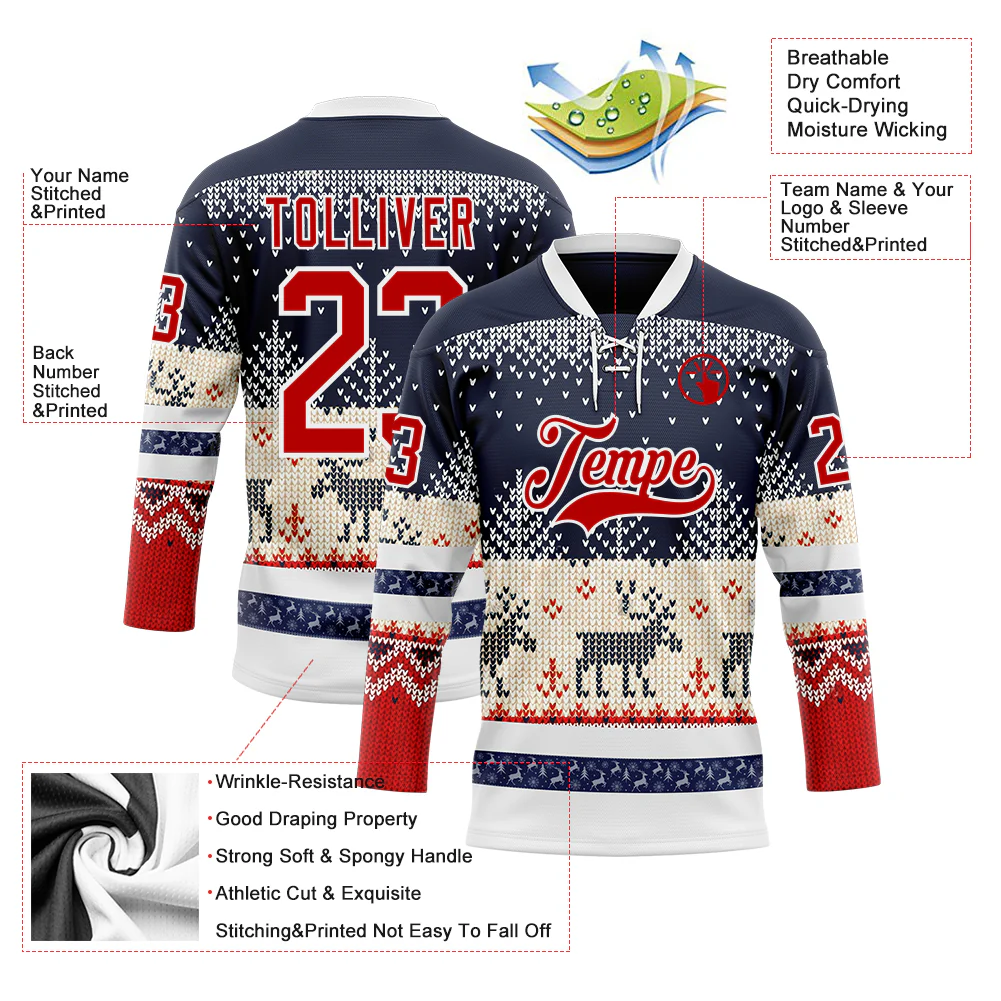 Custom Navy Red-White 3D Christmas Ugly Sweater Hockey Lace Neck Jersey - Image 3