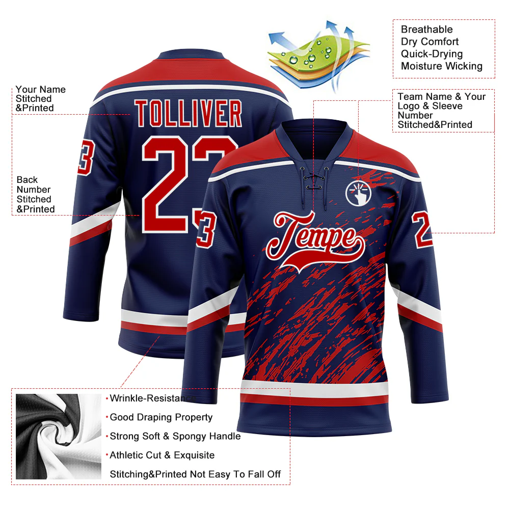 Custom Navy Red-White 3D Splash Art Hockey Lace Neck Jersey - Image 5