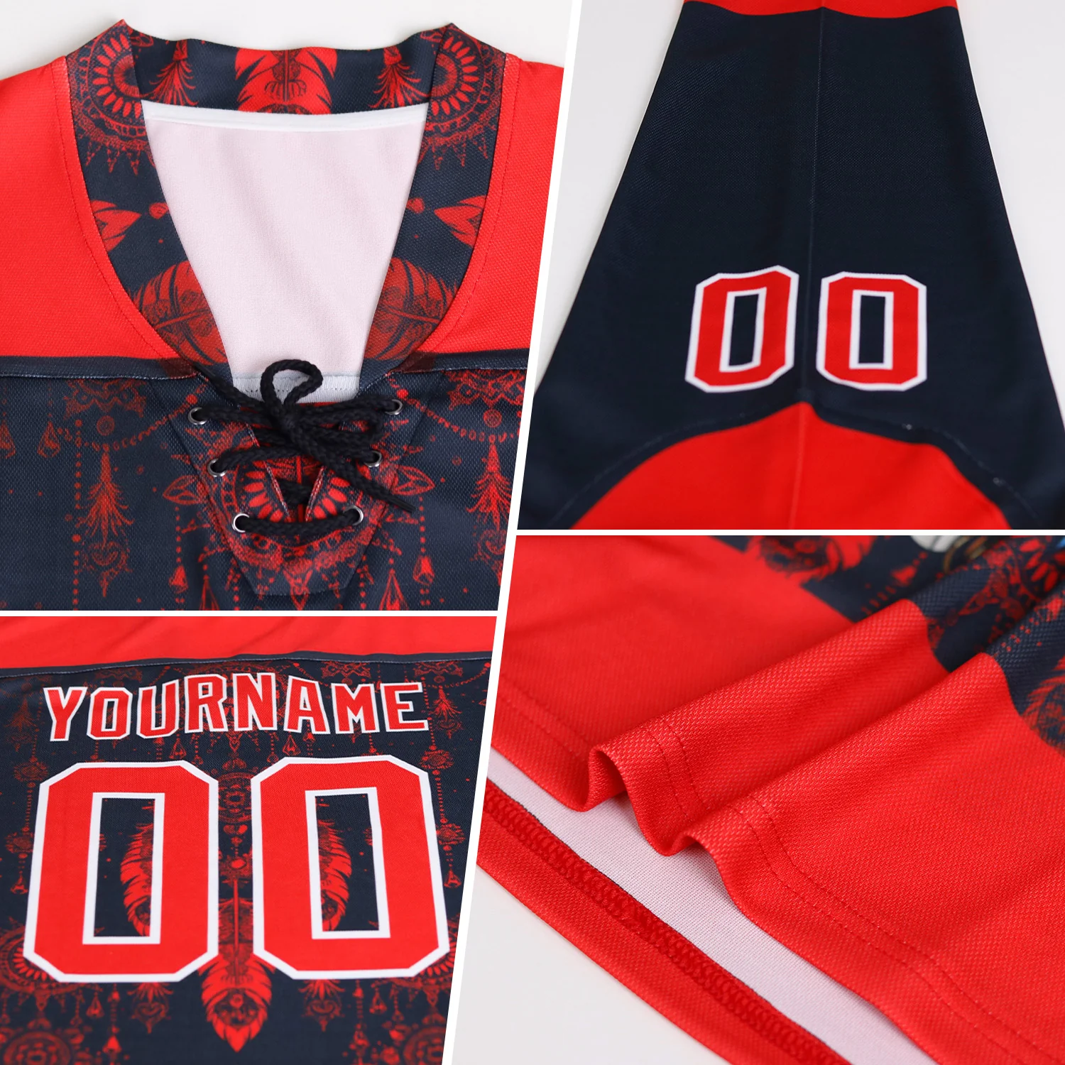 Custom Navy Red-White Abstract Splatter Paint Hockey Lace Neck Jersey - Image 3