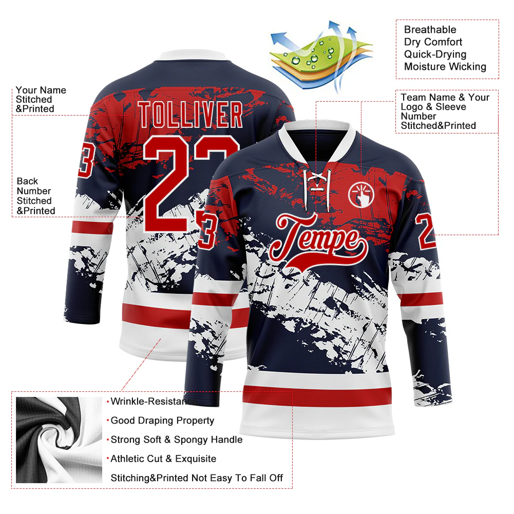 Custom Navy Red-White Abstract Splatter Paint Hockey Lace Neck Jersey - Image 5