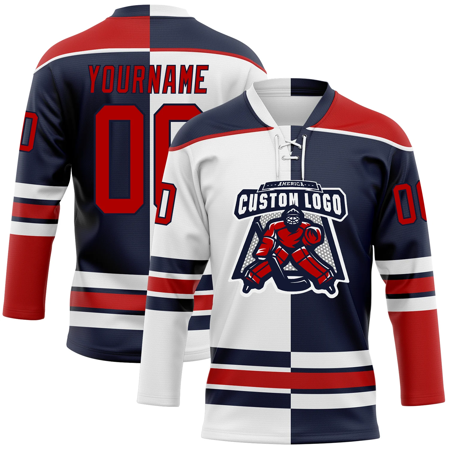 Custom Navy Red-White Split Fashion Hockey Lace Neck Jersey - Image 2