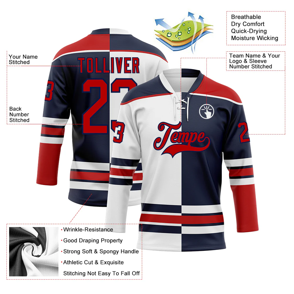 Custom Navy Red-White Split Fashion Hockey Lace Neck Jersey - Image 3