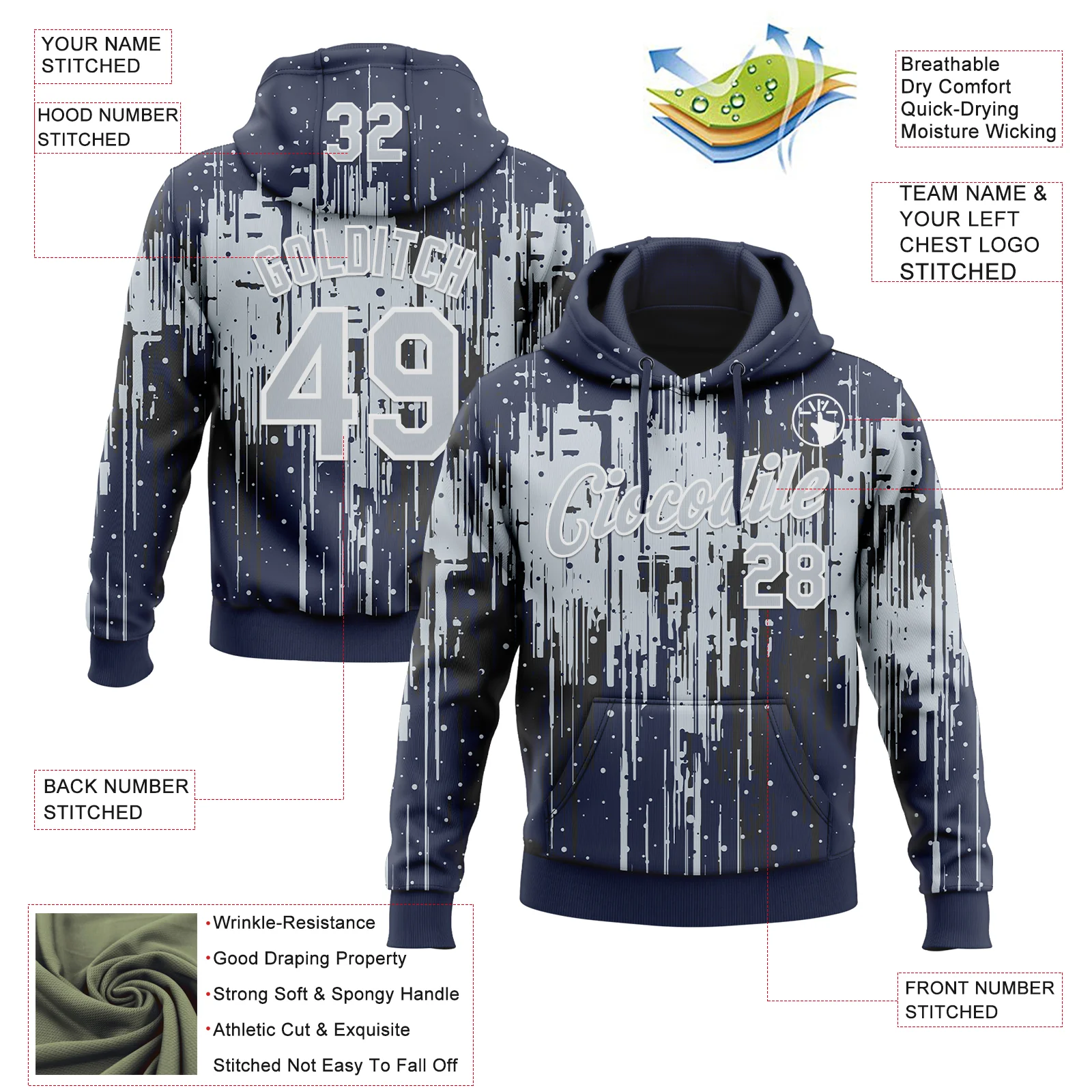 Custom Stitched Navy Silver-White Dripping Splatter Sports Pullover Sweatshirt Hoodie - Image 4