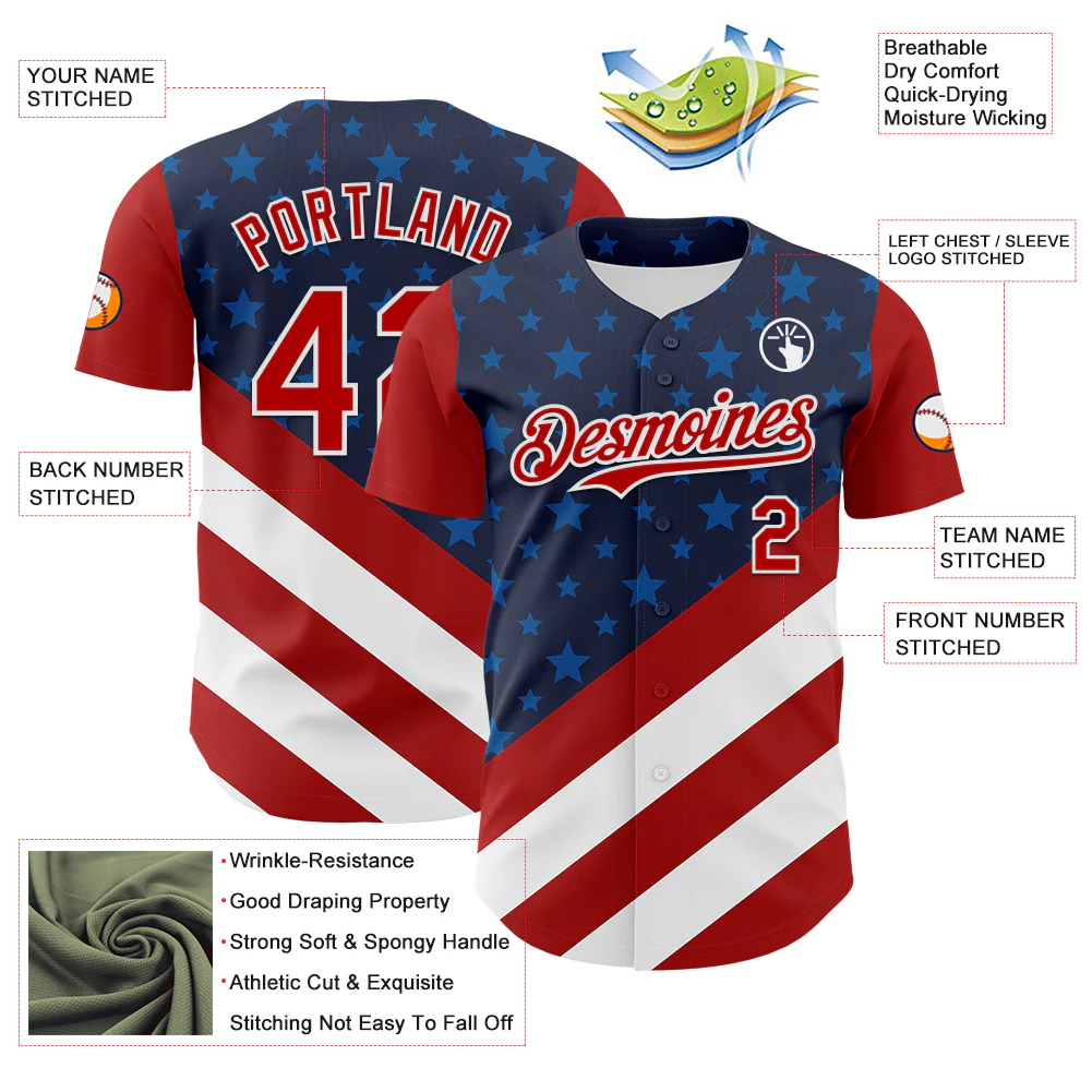 Custom Navy Red-White 3D Patriotic American Flag Authentic Baseball Jersey - Image 3